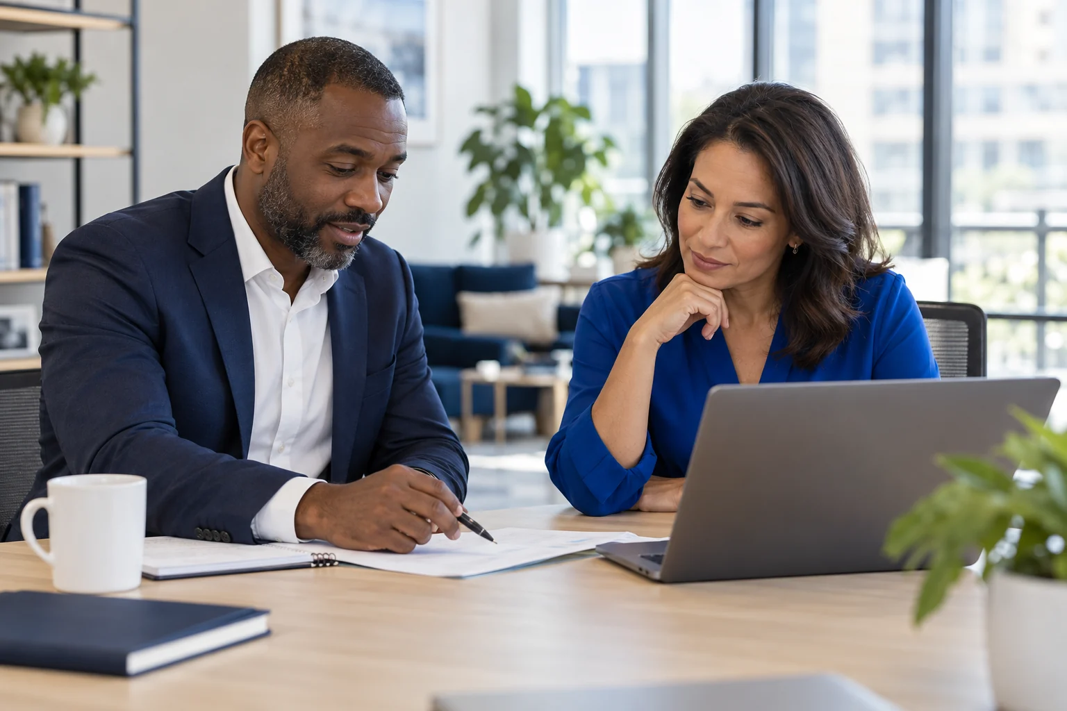 Two business colleagues thoughtfully reviewing notes together